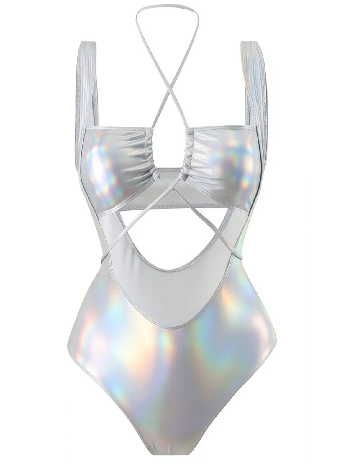 Online Retro Stage 1970s Halter Cut-Out Metallic One-Piece Swimsuit