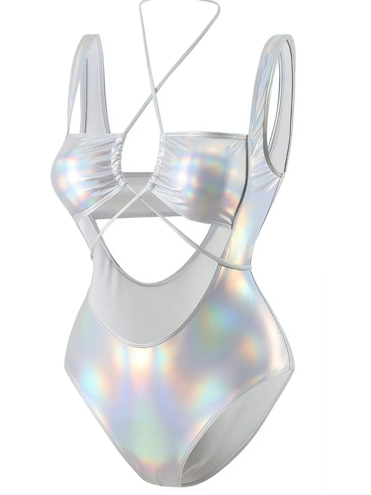 Online Retro Stage 1970s Halter Cut-Out Metallic One-Piece Swimsuit