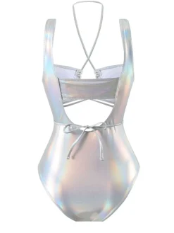 Online Retro Stage 1970s Halter Cut-Out Metallic One-Piece Swimsuit
