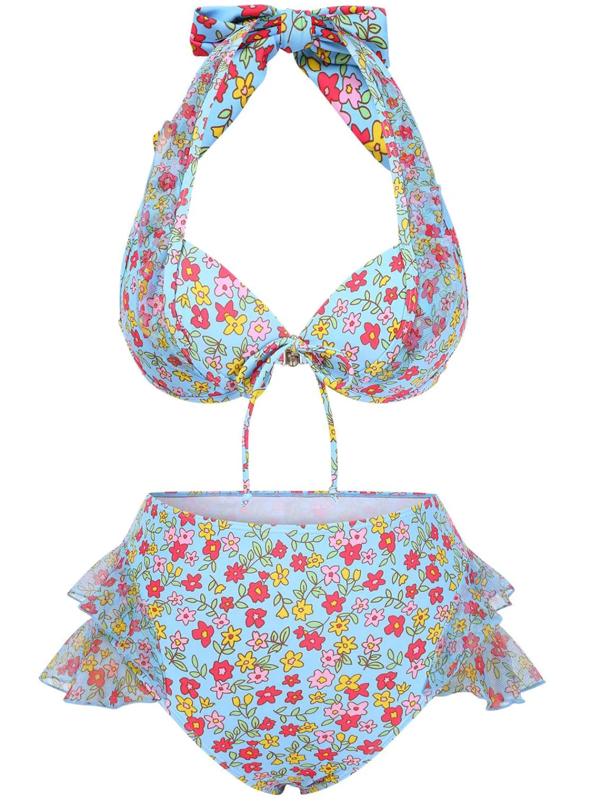 Outlet Retro Stage 1950s Halter Ditsy Floral Ruffles Bikini Set