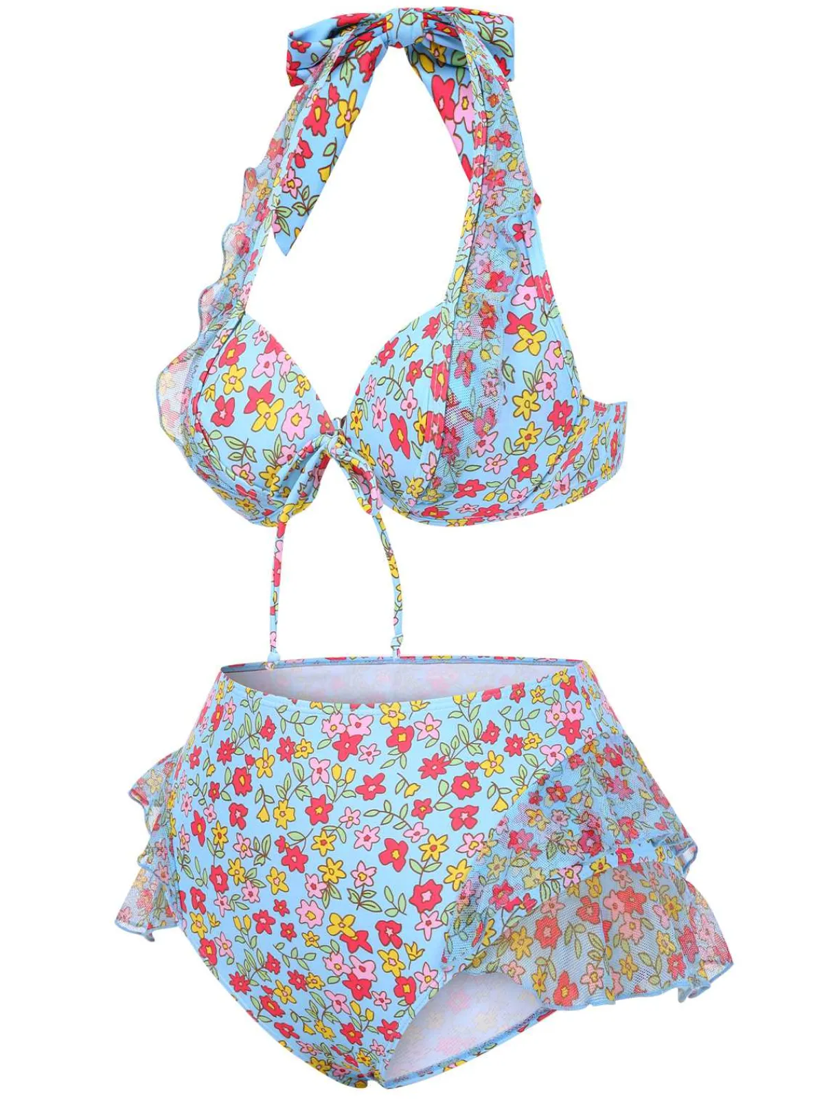 Outlet Retro Stage 1950s Halter Ditsy Floral Ruffles Bikini Set