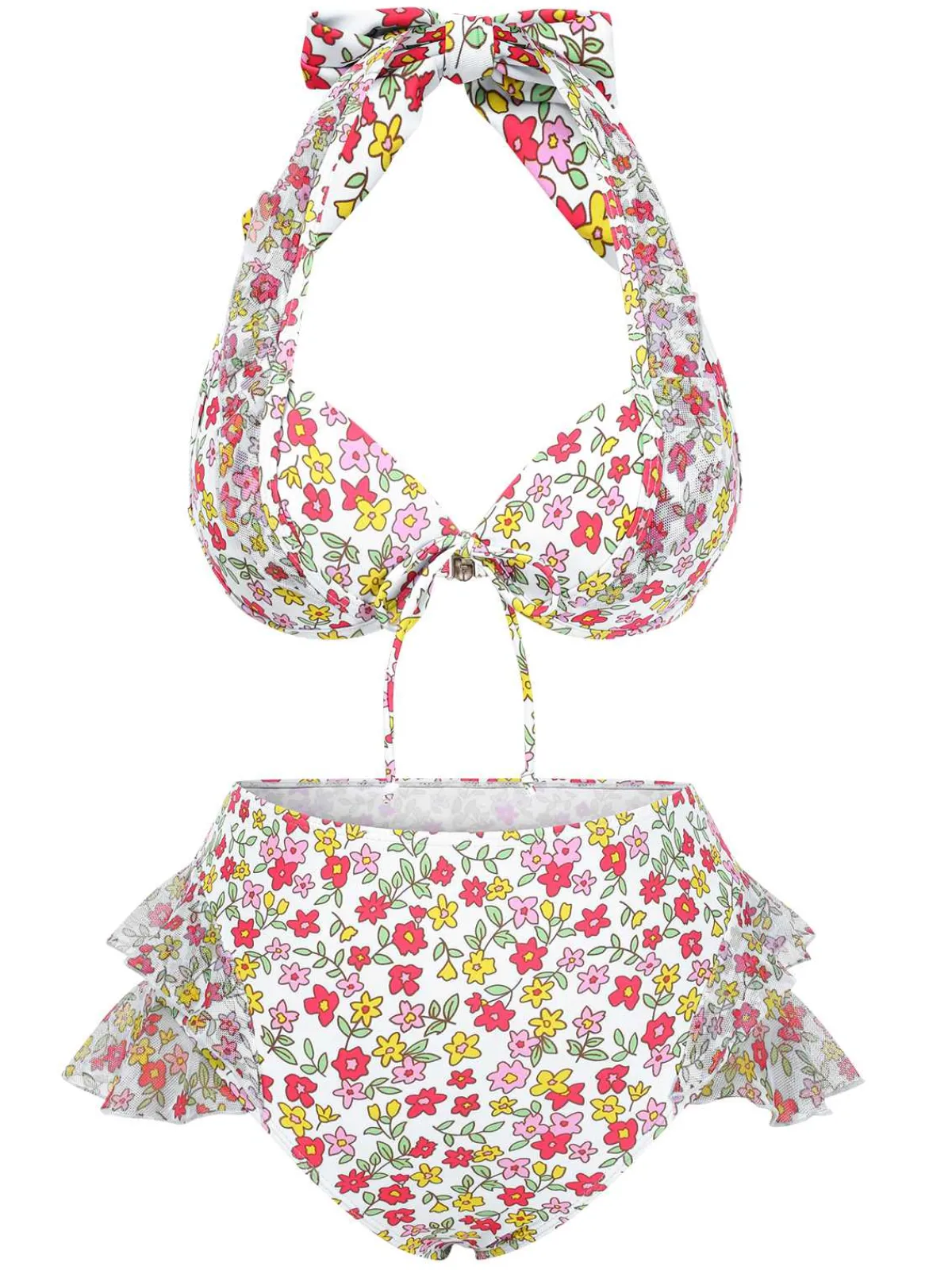 Outlet Retro Stage 1950s Halter Ditsy Floral Ruffles Bikini Set