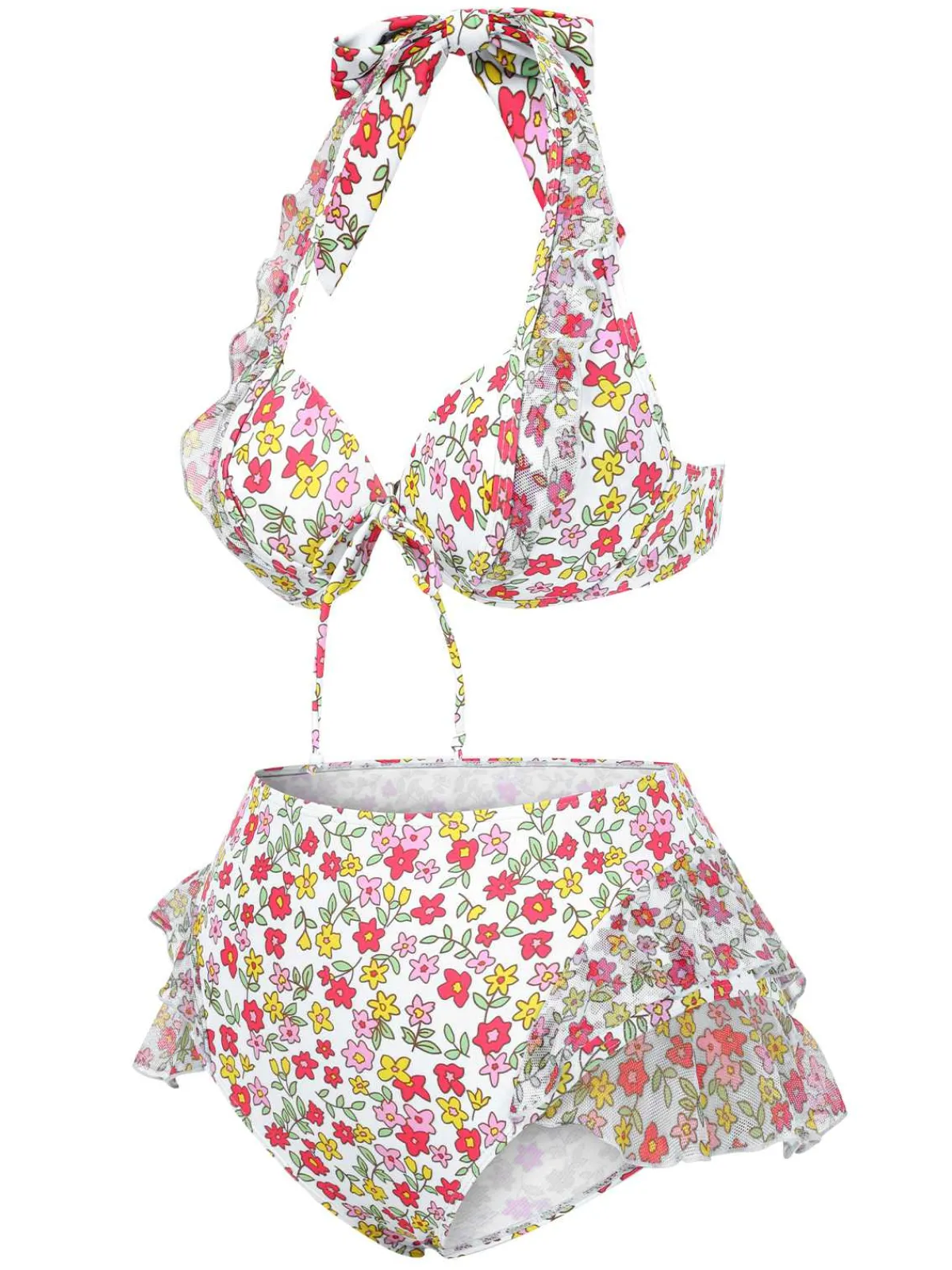 Outlet Retro Stage 1950s Halter Ditsy Floral Ruffles Bikini Set