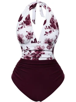 Clearance Retro Stage 1940s Halter Floral Ruched One-piece Swimsuit