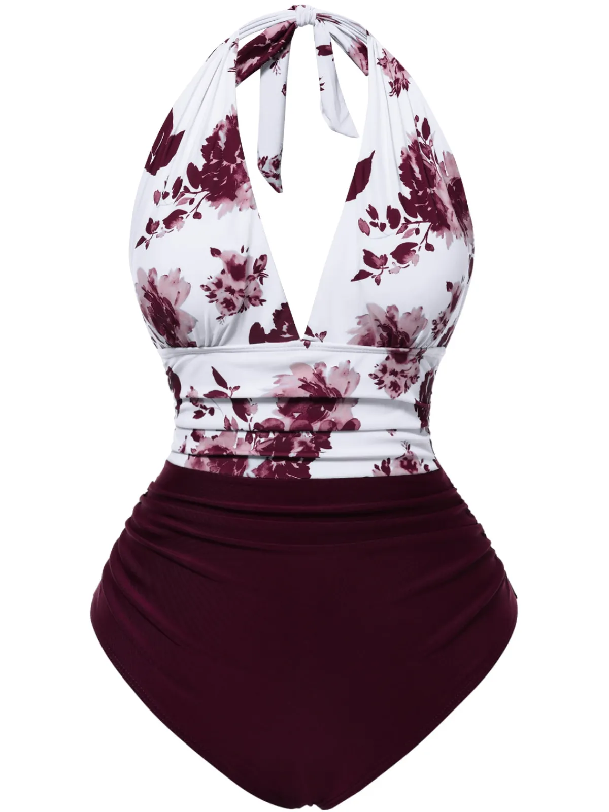 Clearance Retro Stage 1940s Halter Floral Ruched One-piece Swimsuit