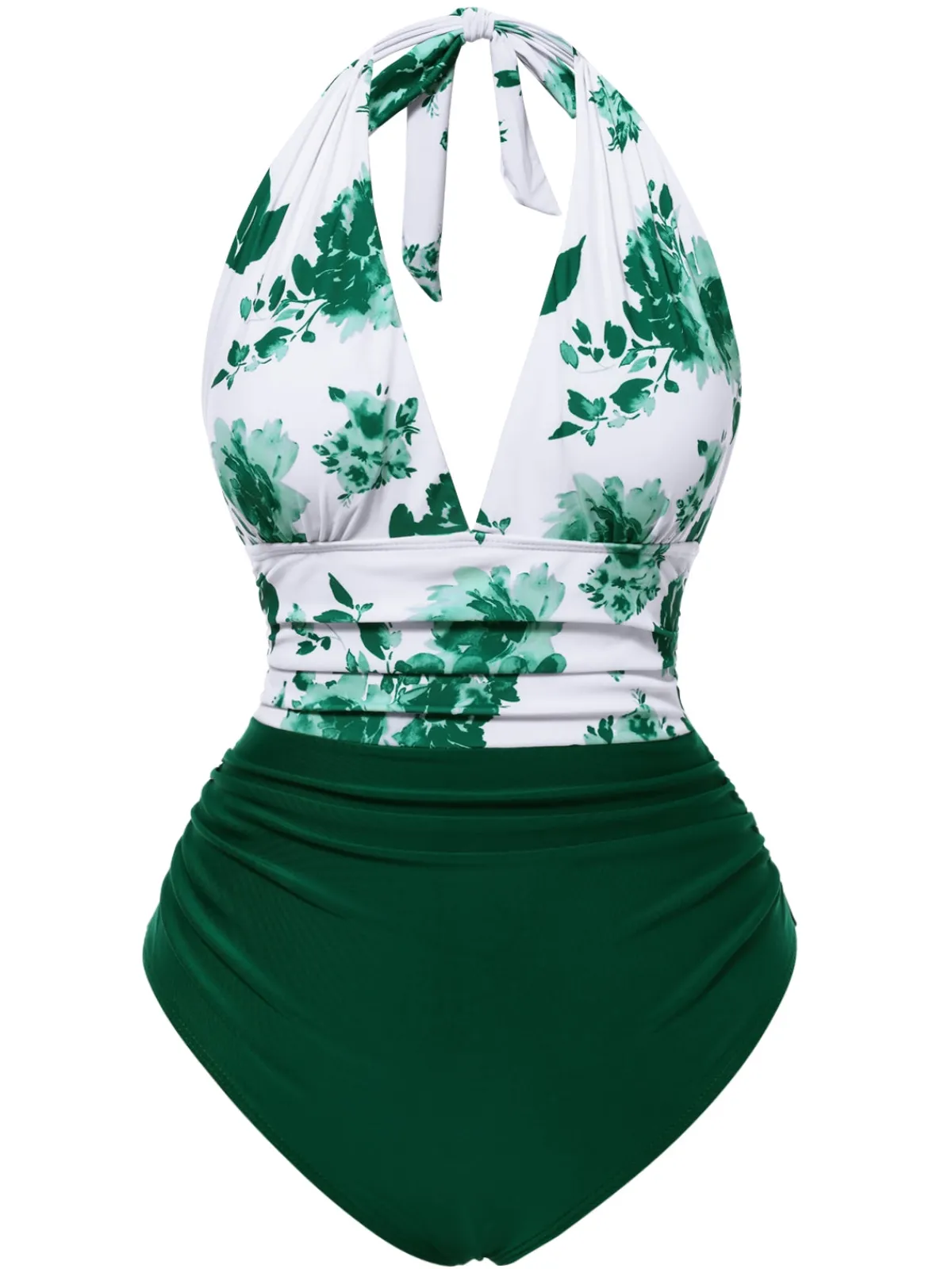 Clearance Retro Stage 1940s Halter Floral Ruched One-piece Swimsuit