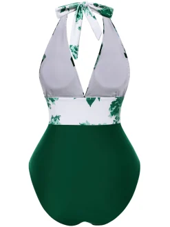 Clearance Retro Stage 1940s Halter Floral Ruched One-piece Swimsuit