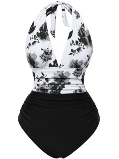 Clearance Retro Stage 1940s Halter Floral Ruched One-piece Swimsuit