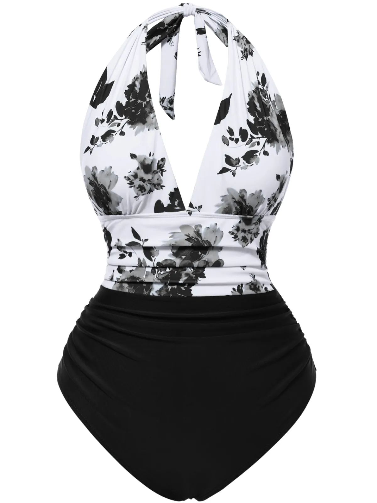 Clearance Retro Stage 1940s Halter Floral Ruched One-piece Swimsuit
