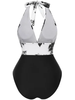 Clearance Retro Stage 1940s Halter Floral Ruched One-piece Swimsuit