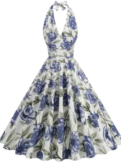 Outlet Retro Stage 1950s Halter Floral Sleeveless Dress Multicolor