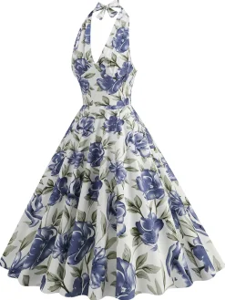 Outlet Retro Stage 1950s Halter Floral Sleeveless Dress Multicolor