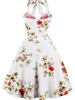 Online Retro Stage 1950s Halter Floral Swing Dress Pink