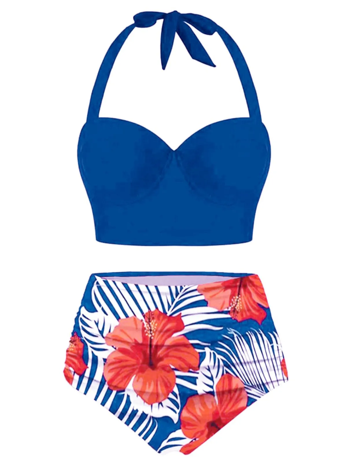 Hot Retro Stage 1940s Halter Flowers Pleated Bikini Set
