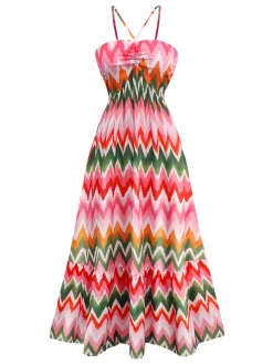 Outlet Retro Stage 1940s Halter Geometric Print Vacation Dress Multicolor