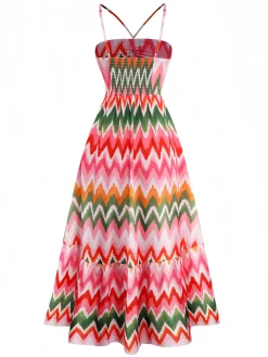Outlet Retro Stage 1940s Halter Geometric Print Vacation Dress Multicolor
