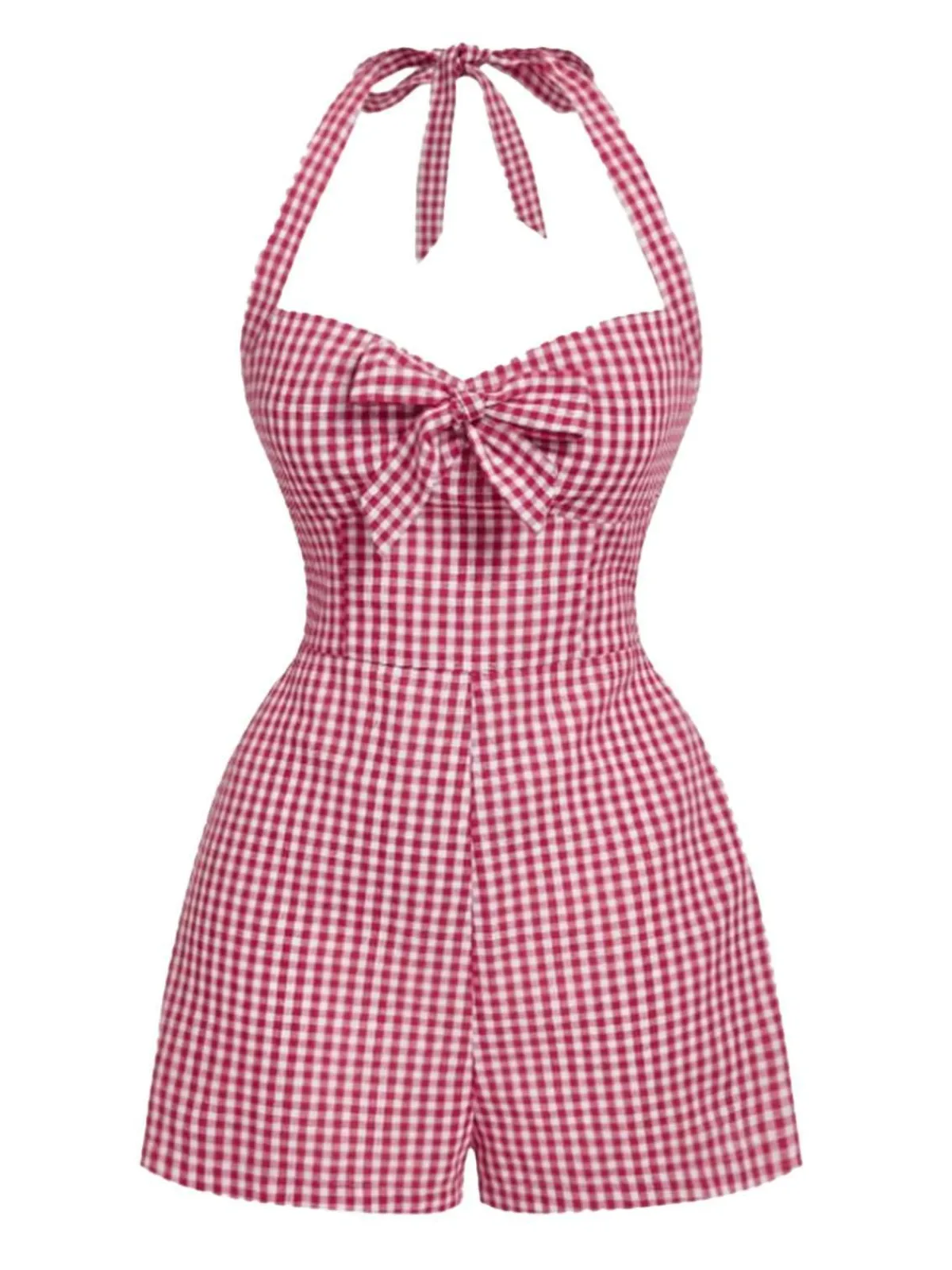 New Retro Stage 1950s Halter Gingham Plaids Bow Romper