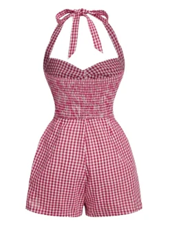 New Retro Stage 1950s Halter Gingham Plaids Bow Romper