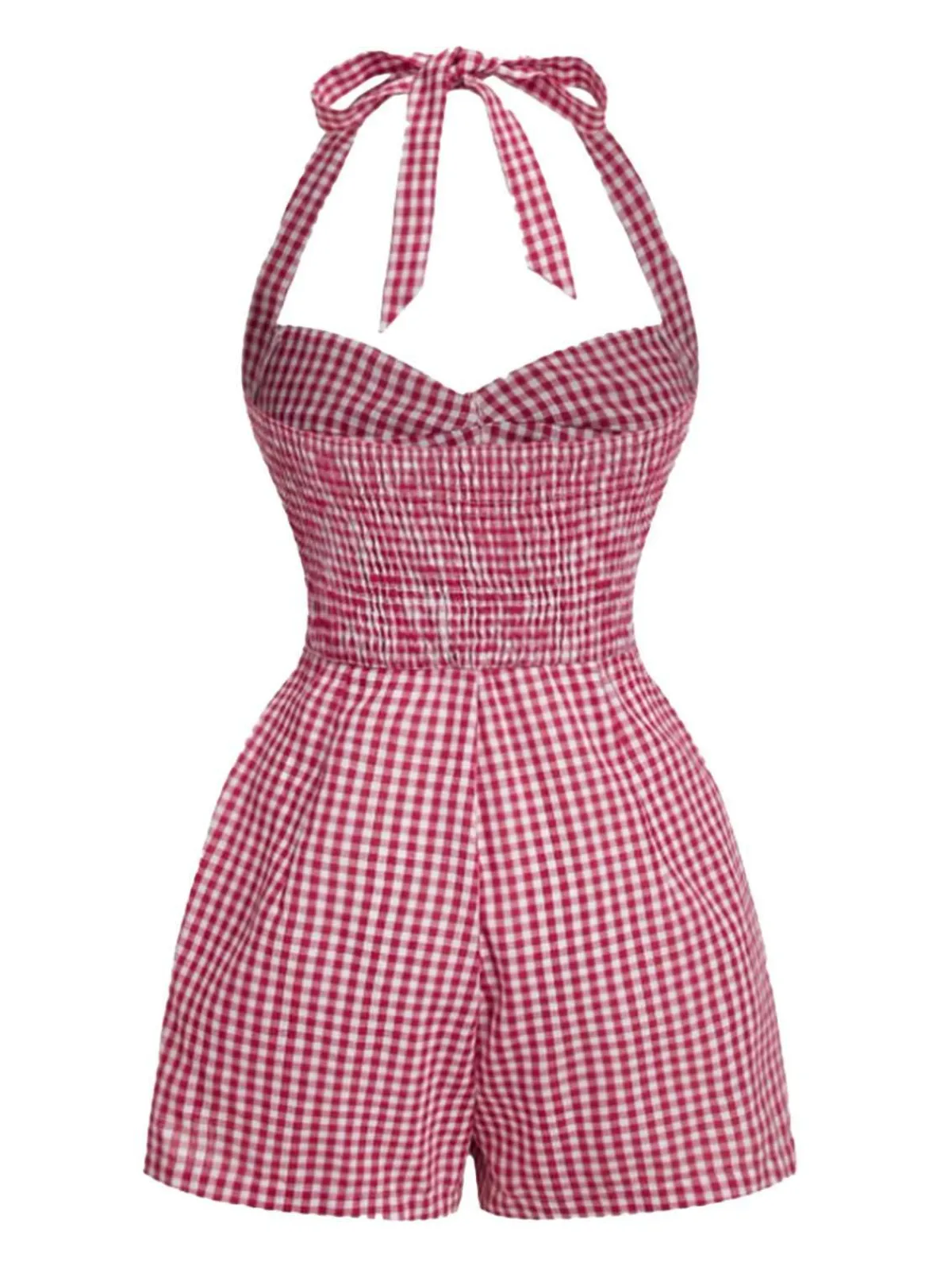 New Retro Stage 1950s Halter Gingham Plaids Bow Romper