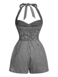 New Retro Stage 1950s Halter Gingham Plaids Bow Romper