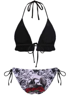 Best Retro Stage 1950s Halter Gothic Skull Roses Swimsuit Black