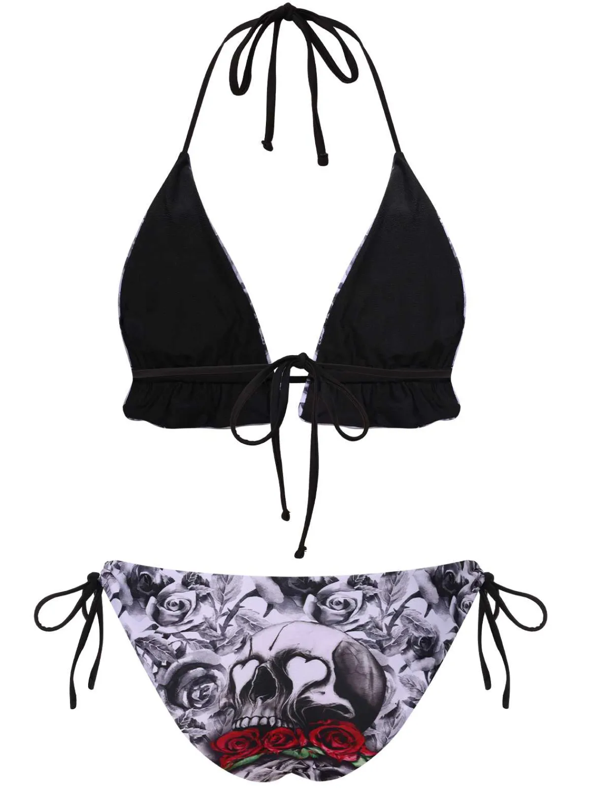 Best Retro Stage 1950s Halter Gothic Skull Roses Swimsuit Black