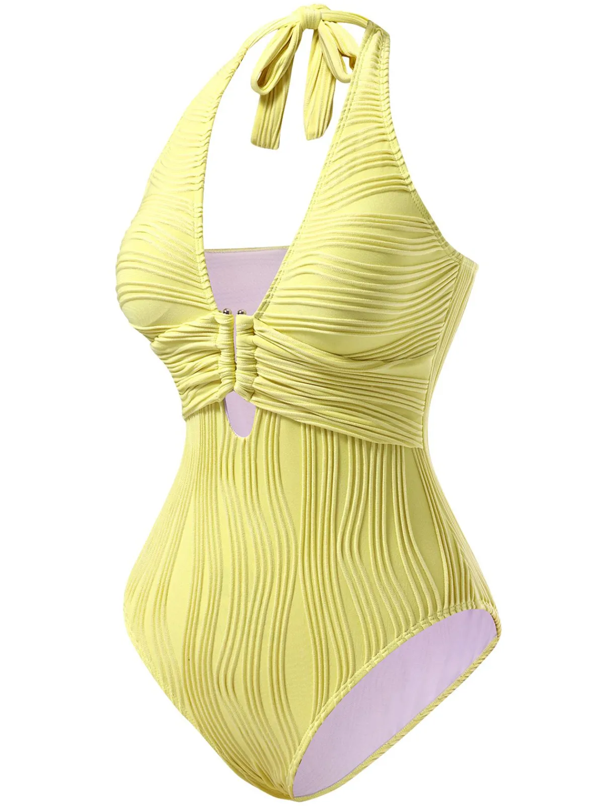 Hot Retro Stage 1950s Halter Hollow U-Ring Textured Swimsuit