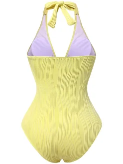 Hot Retro Stage 1950s Halter Hollow U-Ring Textured Swimsuit