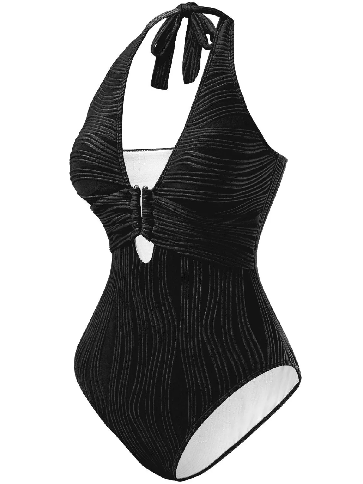 Hot Retro Stage 1950s Halter Hollow U-Ring Textured Swimsuit