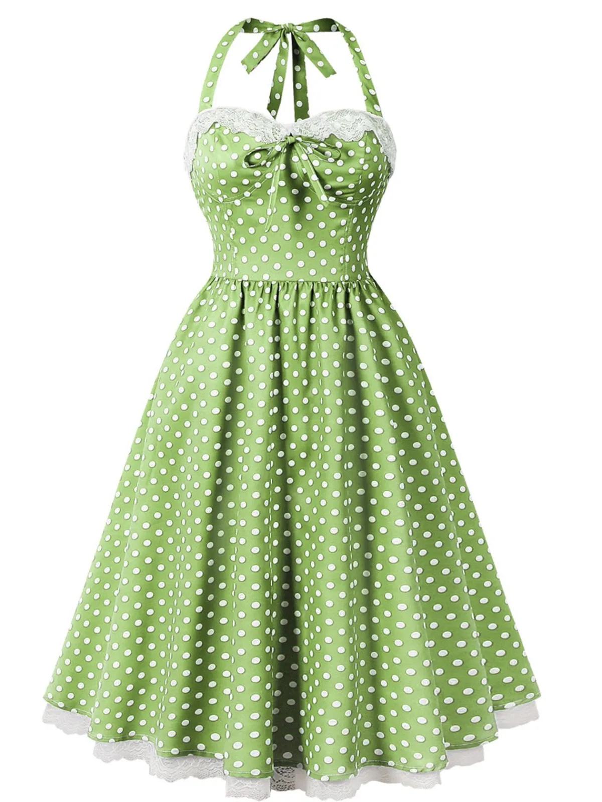Best Retro Stage 1950s Halter Lace Patchwork Polka Dots Dress