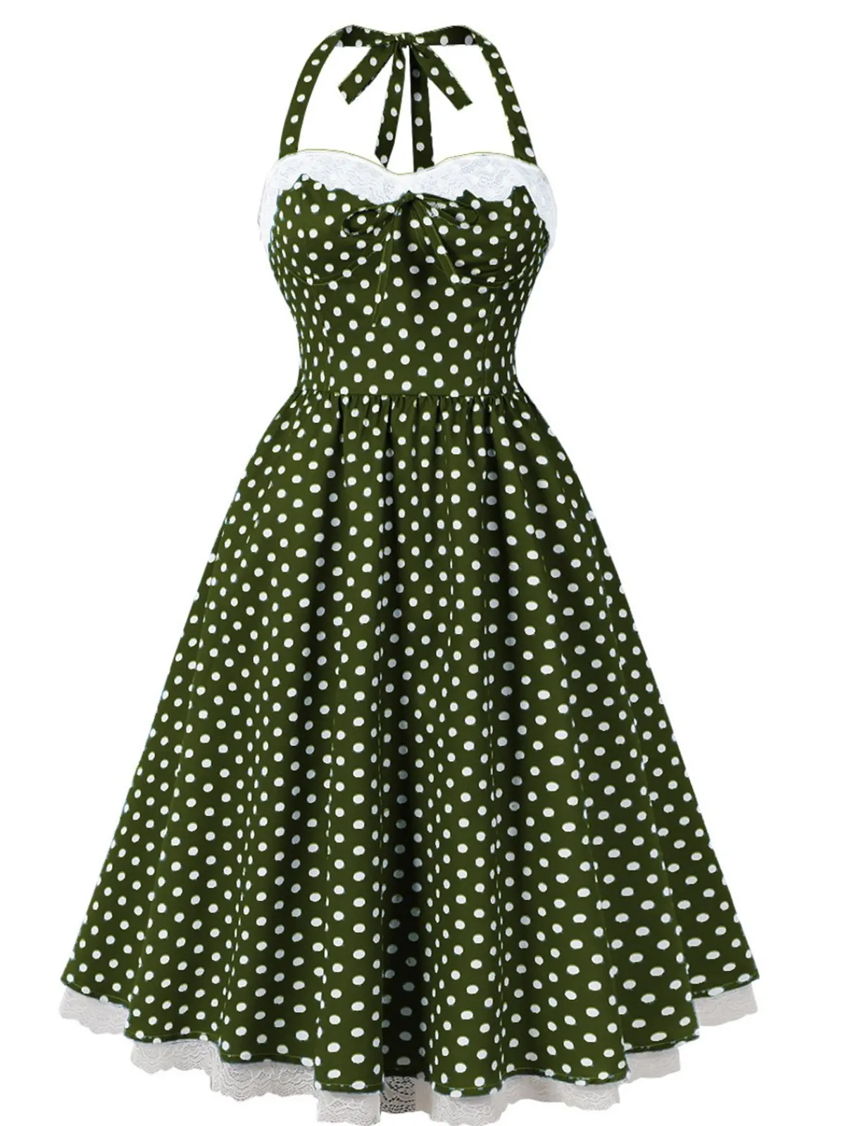Best Retro Stage 1950s Halter Lace Patchwork Polka Dots Dress