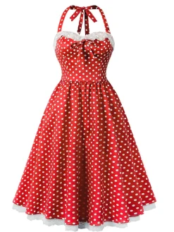 Best Retro Stage 1950s Halter Lace Patchwork Polka Dots Dress