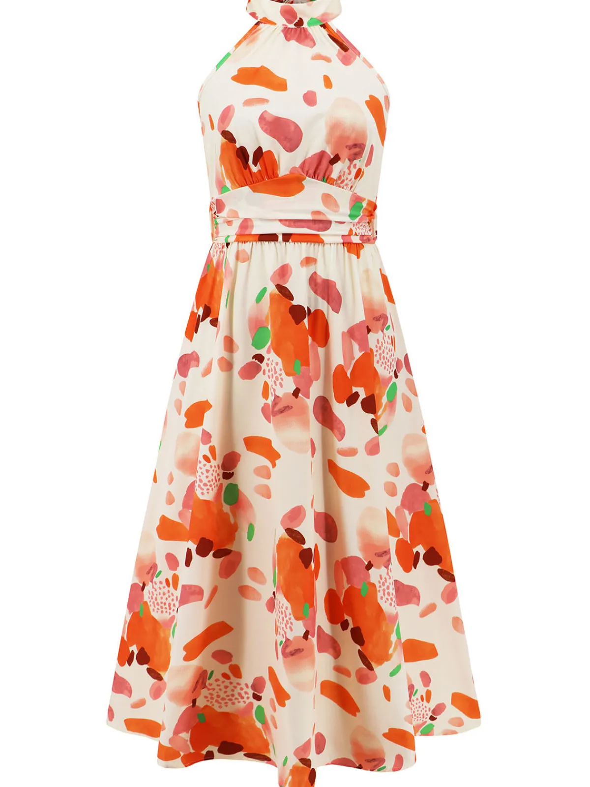 Outlet Retro Stage 1940s Halter Lace-Up Printed Sleeveless Dress Orange Red