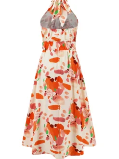 Outlet Retro Stage 1940s Halter Lace-Up Printed Sleeveless Dress Orange Red