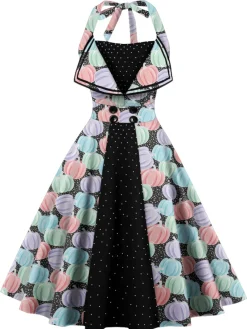 Discount Retro Stage 1950s Halter Lace-up Pumpkin Swing Dress Multi