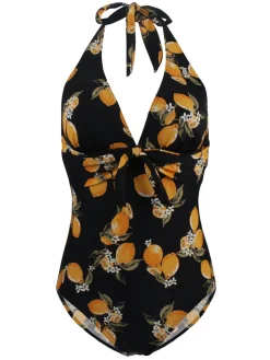 Fashion Retro Stage 1950s Halter Lemon One-Piece Swimsuit Black