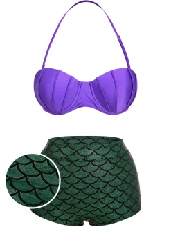 Outlet Retro Stage 1950s Halter Mermaid Scales Swimsuit Purple & Green