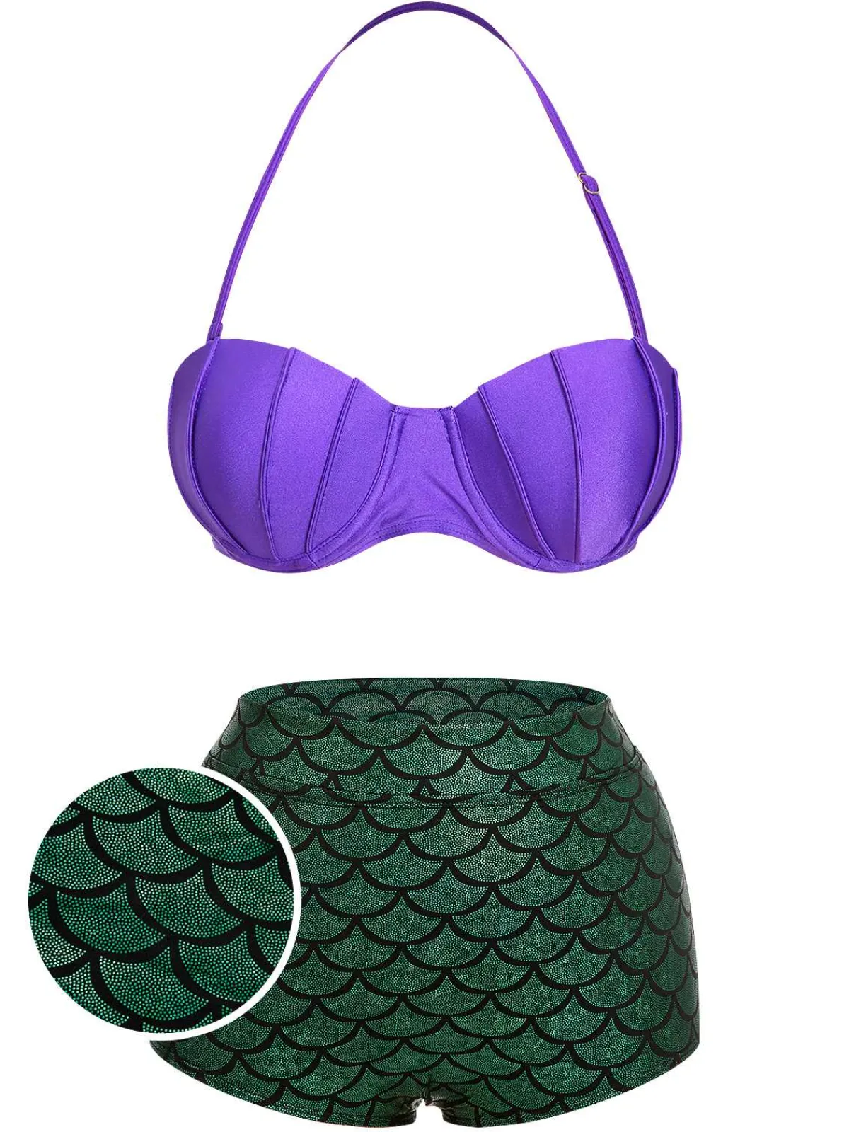 Outlet Retro Stage 1950s Halter Mermaid Scales Swimsuit Purple & Green