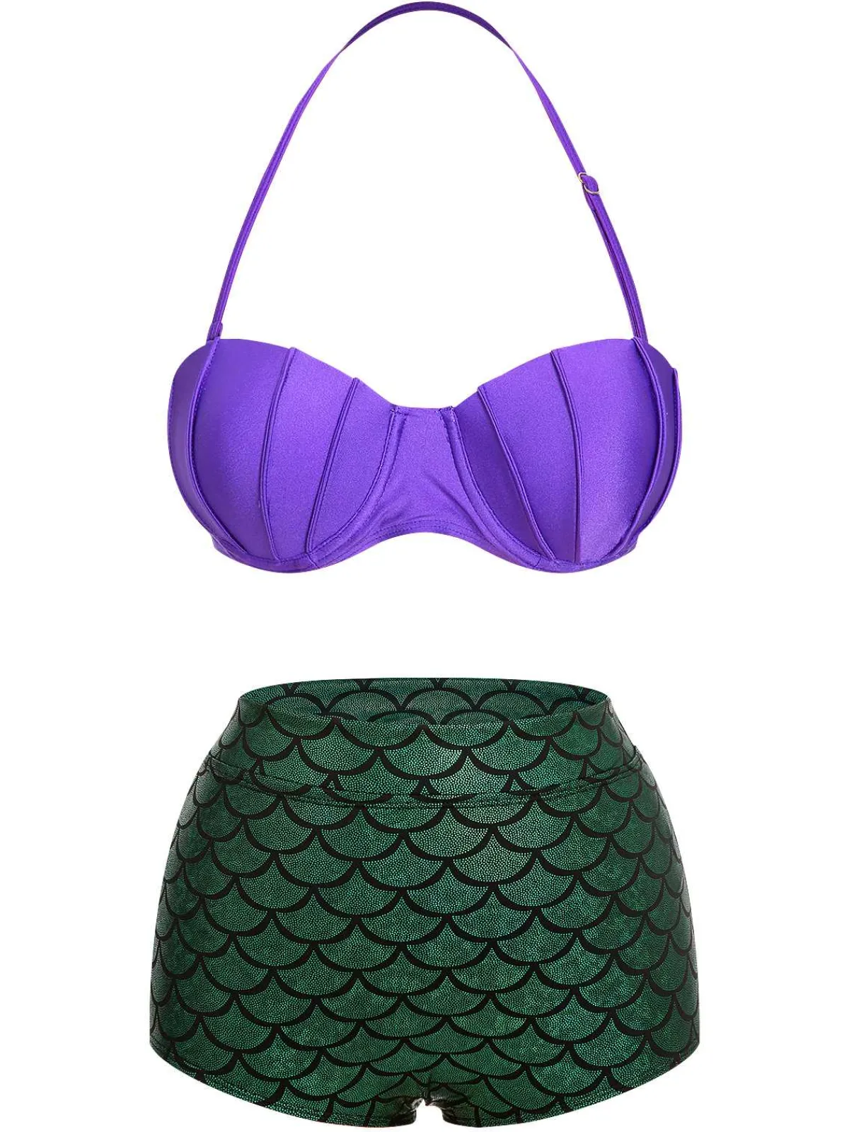 Outlet Retro Stage 1950s Halter Mermaid Scales Swimsuit Purple & Green