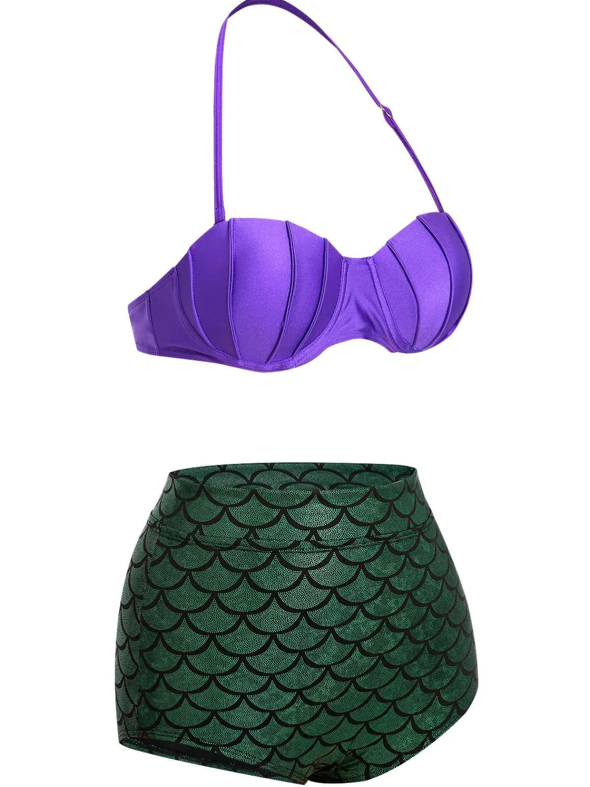Outlet Retro Stage 1950s Halter Mermaid Scales Swimsuit Purple & Green