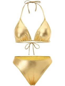 Sale Retro Stage 1970s Halter Metallic Bikini & Ruched Cover-Up