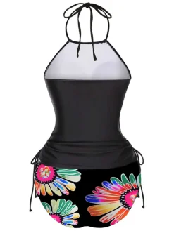Clearance Retro Stage 1960s Halter Neon Daisy Lace-Up Tankini Set Black