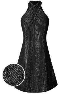 Hot Retro Stage 1980s Halter Off-Shoulder Sequined Dress