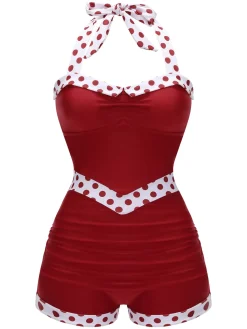 Best Retro Stage 1940s Halter Patchwork One-piece Swimsuit