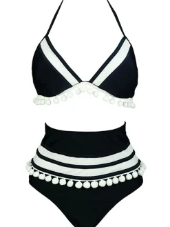 Sale Retro Stage 1970s Halter Patchwork Pom Pom Swimsuit