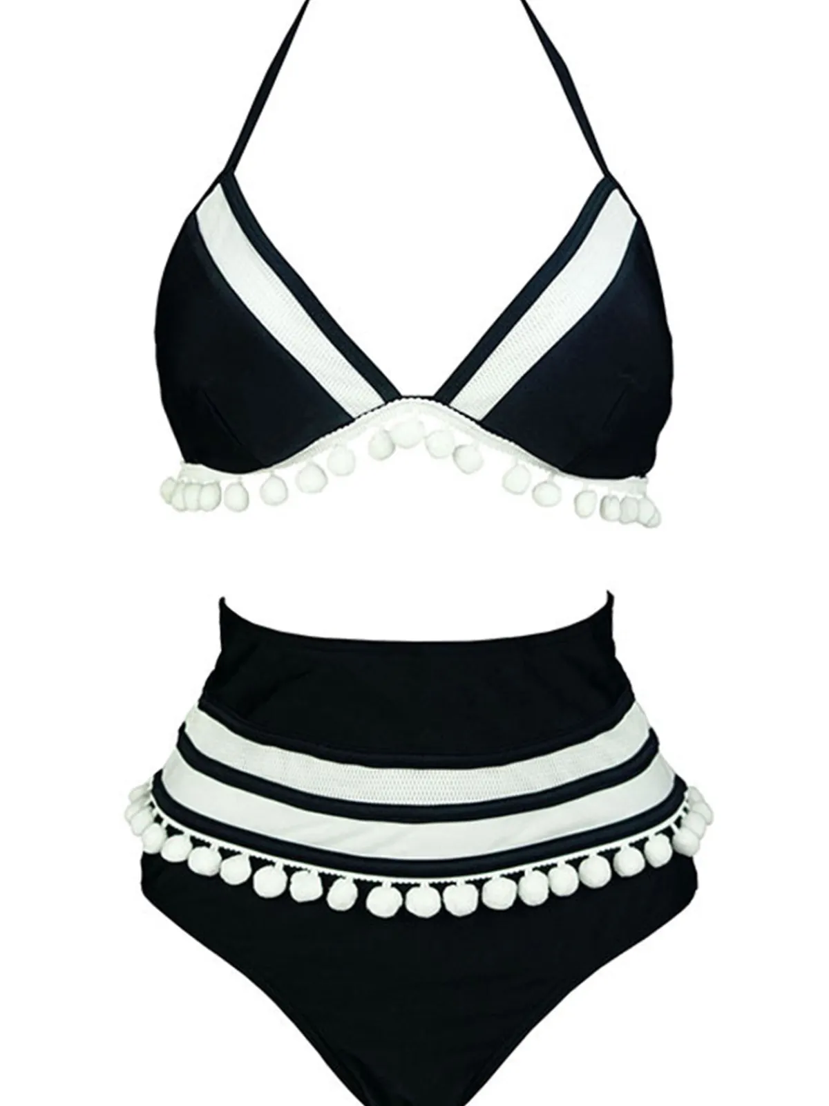 Sale Retro Stage 1970s Halter Patchwork Pom Pom Swimsuit
