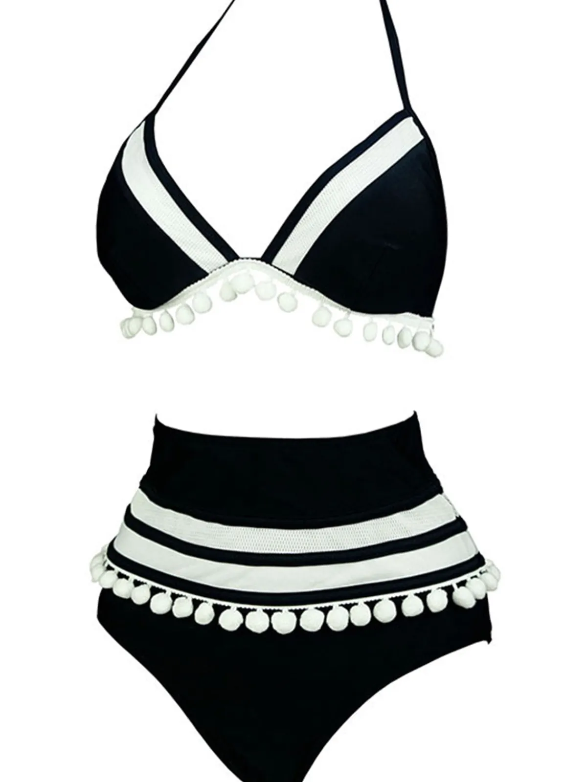 Sale Retro Stage 1970s Halter Patchwork Pom Pom Swimsuit