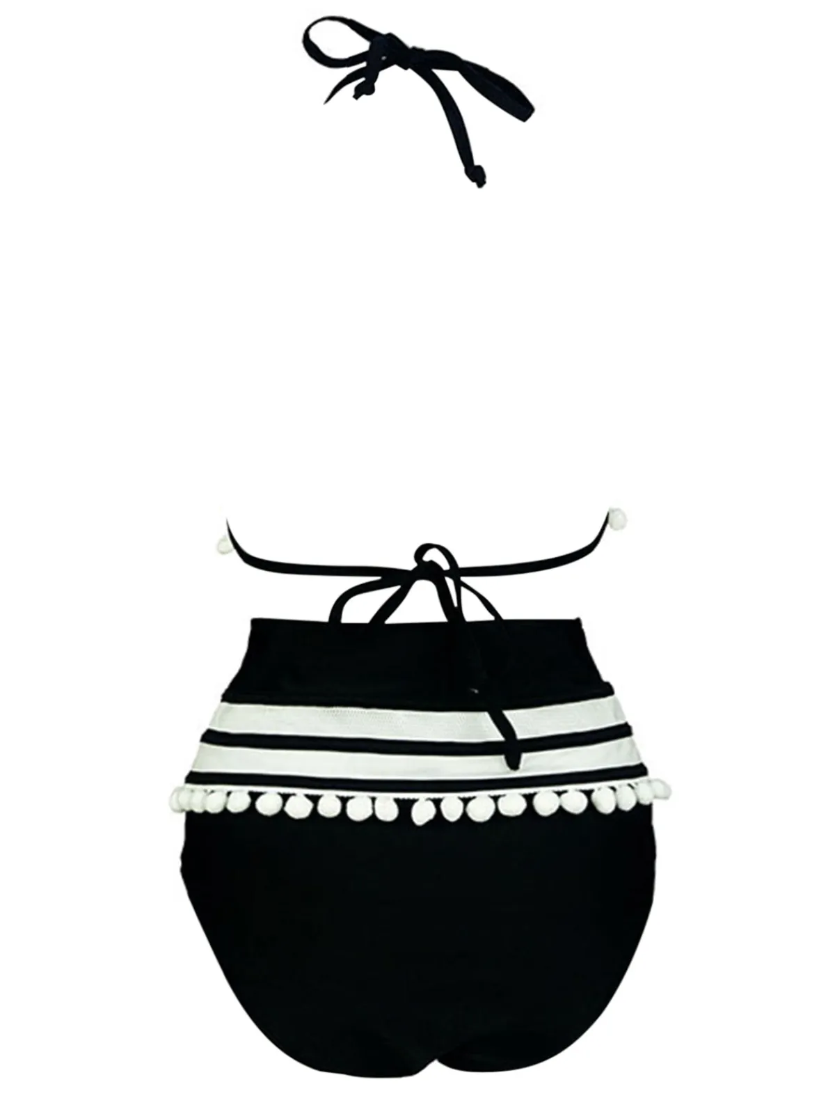 Sale Retro Stage 1970s Halter Patchwork Pom Pom Swimsuit