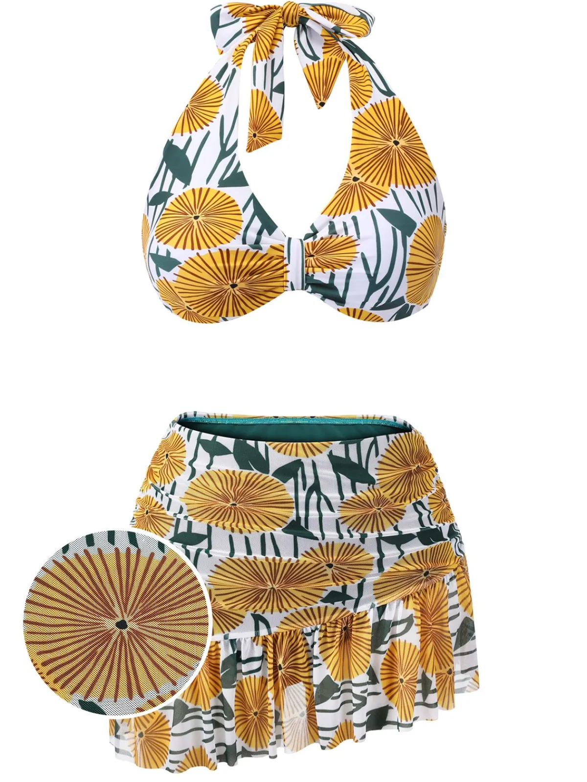 Fashion Retro Stage 1950s Halter Ping Pong Floral Swimsuit Yellow