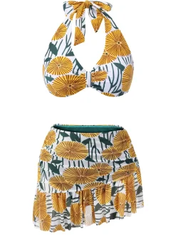 Fashion Retro Stage 1950s Halter Ping Pong Floral Swimsuit Yellow